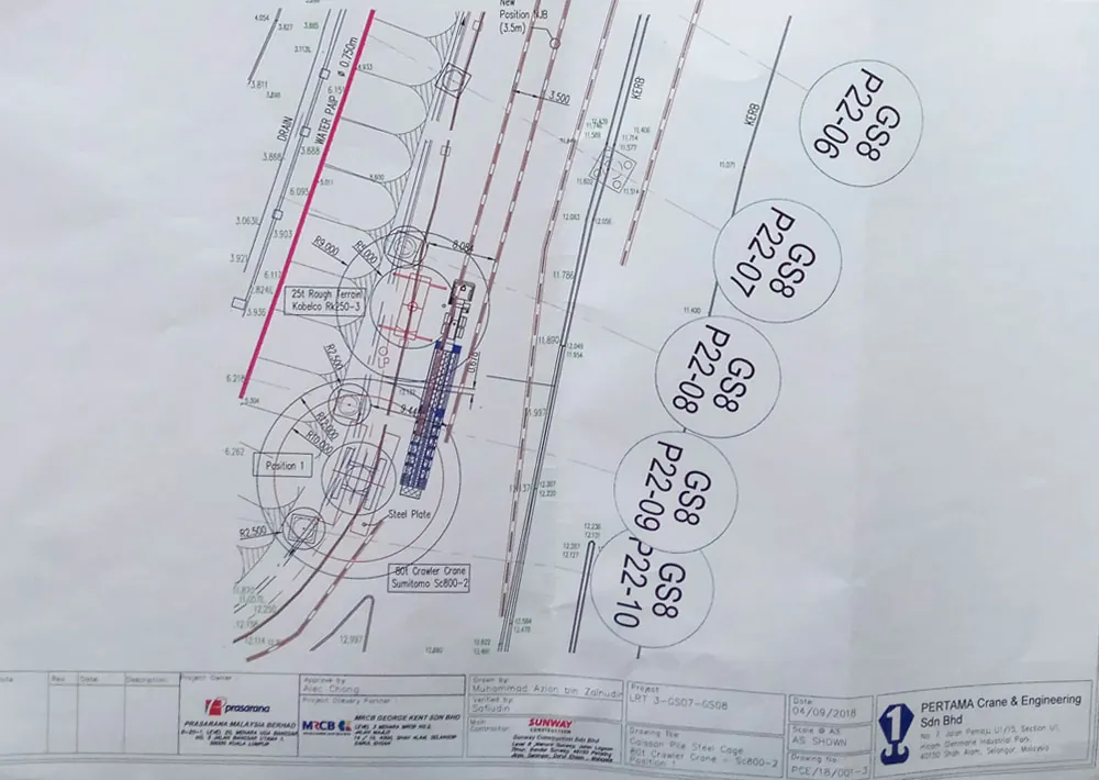 Engineering lifting plan drawing with crane positions