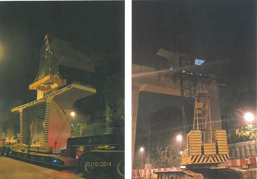 Night-time special launching operation with crawler cranes, 2014