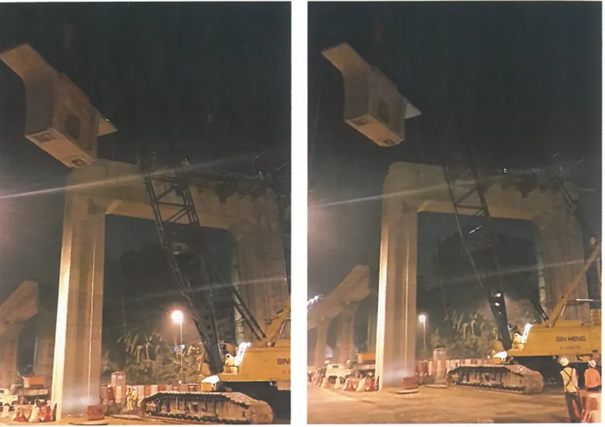 Crawler cranes performing a special launching lift at night